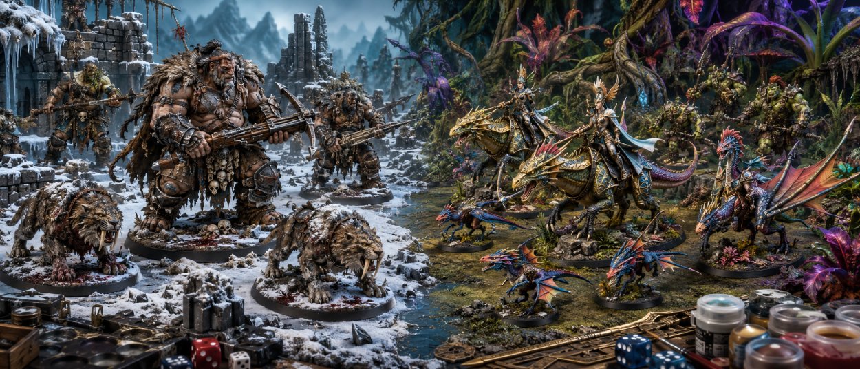 Ogor-Jäger mit riesigen Armbrüsten und Sabrefangs stehen eleganten Drachenreitern auf einem Fantasy-Tabletop-Schlachtfeld gegenüber.