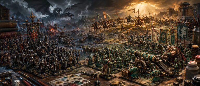 Chaoskrieger und Cathay-Truppen stehen sich auf einem Tabletop-Schlachtfeld gegenüber, während im Hintergrund Reiter von Rohan durch brennende Felder ziehen.
