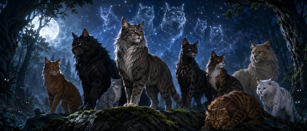 Mehrere wilde Katzen stehen nachts in einem dichten Wald auf einem moosigen Felsen, während Sternenlicht, Nebel und leuchtende Augen zwischen den Bäumen eine geheimnisvolle Atmosphäre erzeugen.
