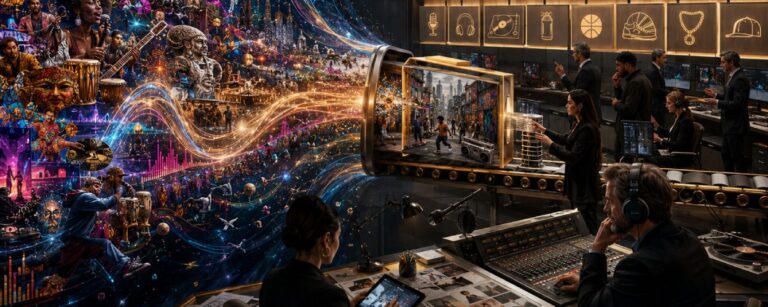 Ein lebendiger kultureller Kosmos aus Musikern, Städten, Planeten und Klangwellen wird in einem modernen Medienbüro in eine kleine urbane Markenbox gepresst. Rechts beobachten Strategen in einem sterilen Radiostudio, wie Vielfalt in Zielgruppenmodule und Präsentationsflächen einsortiert wird.