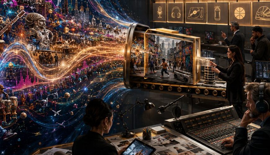 Ein lebendiger kultureller Kosmos aus Musikern, Städten, Planeten und Klangwellen wird in einem modernen Medienbüro in eine kleine urbane Markenbox gepresst. Rechts beobachten Strategen in einem sterilen Radiostudio, wie Vielfalt in Zielgruppenmodule und Präsentationsflächen einsortiert wird.