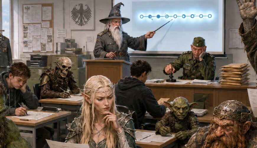 Satirische Fantasy-Szene in einem deutschen Rekrutierungsbüro, in dem junge Menschen, Orks, Elben, Zwerge, ein Troll und ein Skelett Wehrdienst-Fragebögen ausfüllen.