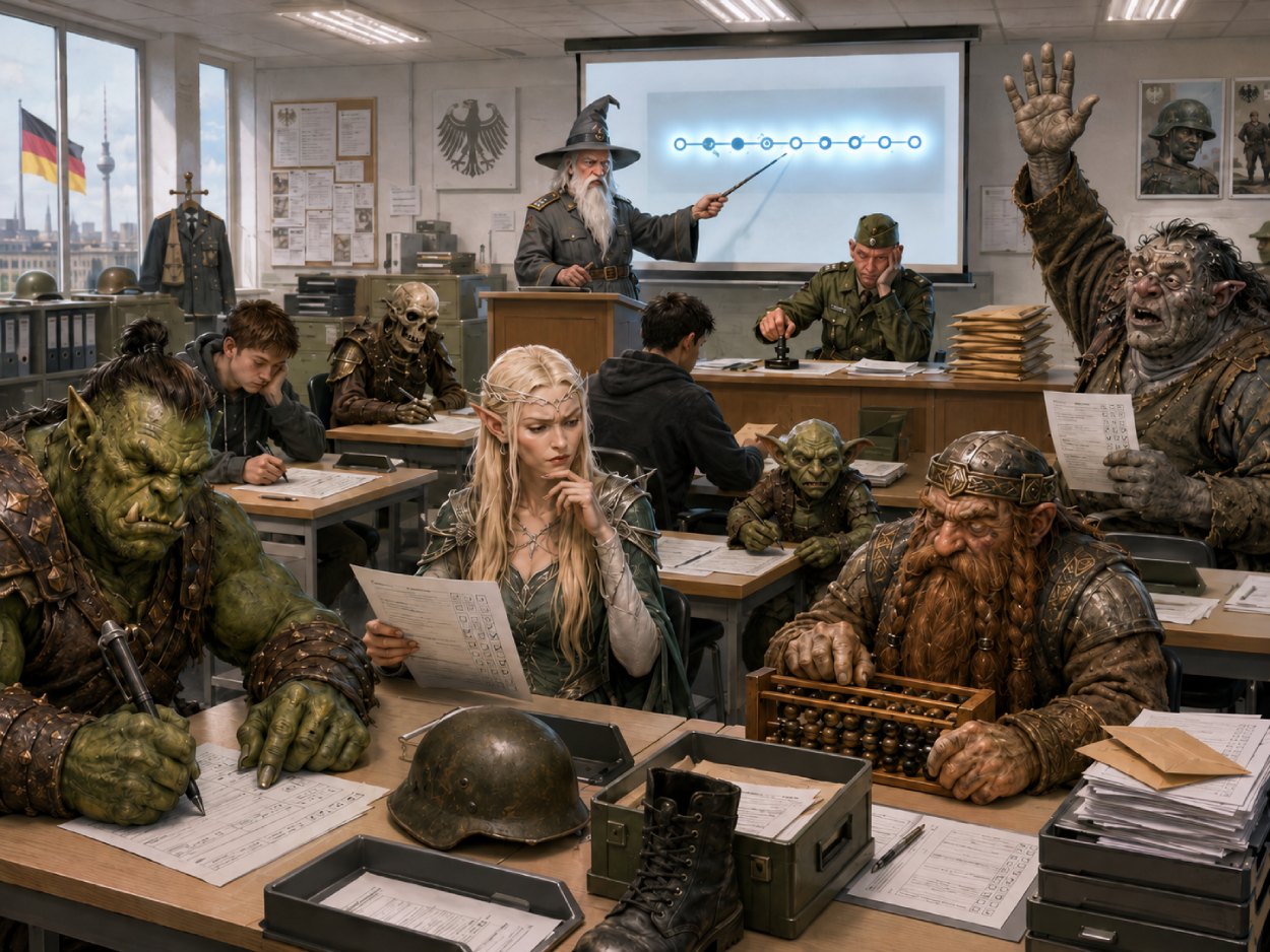 Satirische Fantasy-Szene in einem deutschen Rekrutierungsbüro, in dem junge Menschen, Orks, Elben, Zwerge, ein Troll und ein Skelett Wehrdienst-Fragebögen ausfüllen.