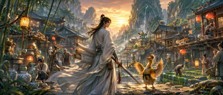 Ein Wuxia-Schwertmeister steht vor einem wiederaufgebauten Dorf, während Katzen und eine Gans zwischen Bambus, Laternen und alten Dächern umherlaufen.