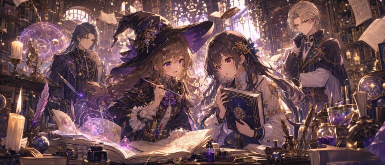 Zwei junge Fantasy-Schülerinnen stehen zwischen magischen Zeichen, Büchern und Pergamenten, während zwei wachsame Mentoren im Hintergrund über geheimes Wissen zu wachen scheinen.