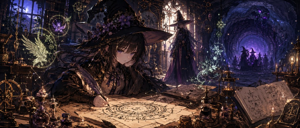 Eine junge Hexenlehrlingin zeichnet leuchtende Zauberzeichen in einem Atelier, während dunkle Hut-Schatten und magische Tusche um sie erscheinen.