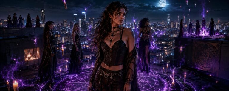 Mehrere moderne Hexen stehen nachts auf einem Dach in Los Angeles, während magische Zeichen über der Stadt leuchten und im Hintergrund ein violetter Sturm aufzieht.