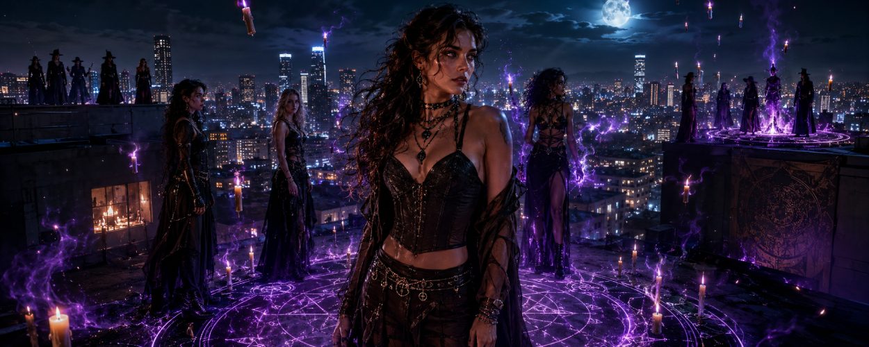 Mehrere moderne Hexen stehen nachts auf einem Dach in Los Angeles, während magische Zeichen über der Stadt leuchten und im Hintergrund ein violetter Sturm aufzieht.