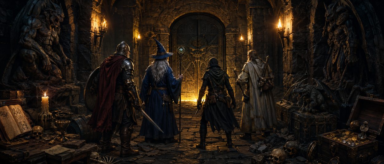 Eine klassische Abenteurergruppe steht mit Fackeln in einem düsteren Dungeon, während alte Pergamentkarten, Monsterstatuen und ein Jubiläumslicht die Szene wie RPG-Geschichte wirken lassen.