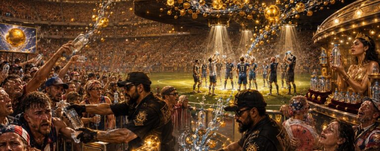 Satirisches WM-Stadion in extremer Hitze: Ein finsterer Fußball-Magier verwandelt Wasser und leere Flaschen in Goldmünzen, während durstige Fans am Eingang kontrolliert werden und Spieler auf dem Rasen trinken.
