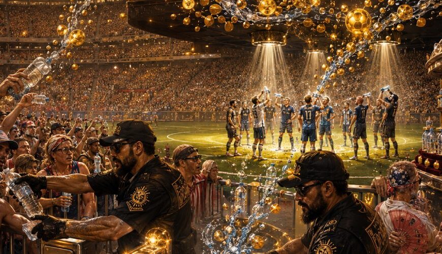 Satirisches WM-Stadion in extremer Hitze: Ein finsterer Fußball-Magier verwandelt Wasser und leere Flaschen in Goldmünzen, während durstige Fans am Eingang kontrolliert werden und Spieler auf dem Rasen trinken.