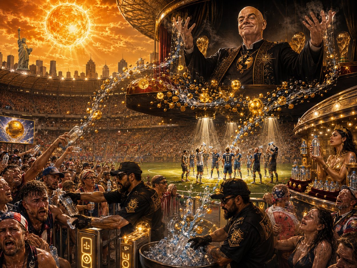 Satirisches WM-Stadion in extremer Hitze: Ein finsterer Fußball-Magier verwandelt Wasser und leere Flaschen in Goldmünzen, während durstige Fans am Eingang kontrolliert werden und Spieler auf dem Rasen trinken.