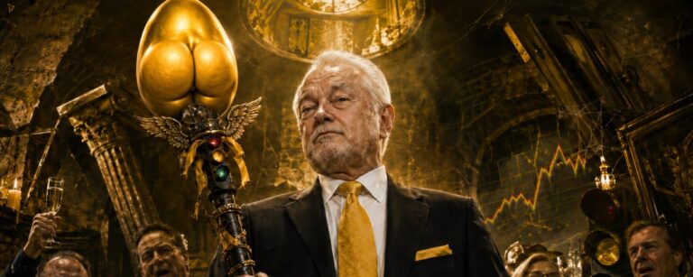 Wolfgang-Kubicki-artiger Politiker in dunklem Anzug steht in einem düsteren liberalen Schankraum zwischen Parteitagsbühne und Kneipe und hält ein absurdes Zepter mit goldenem Ei, während gelbes Licht und erschöpfte Parteianhänger im Hintergrund zu sehen sind