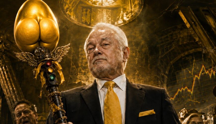 Wolfgang-Kubicki-artiger Politiker in dunklem Anzug steht in einem düsteren liberalen Schankraum zwischen Parteitagsbühne und Kneipe und hält ein absurdes Zepter mit goldenem Ei, während gelbes Licht und erschöpfte Parteianhänger im Hintergrund zu sehen sind