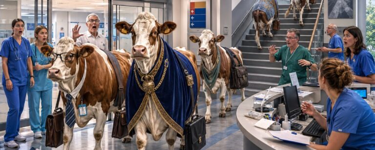 Satirische Krankenhausszene mit sechs Kühen, die wie neue Fachkräfte durch eine Notaufnahme marschieren und über das Treppenhaus weiterziehen, während Ärzte und Pflegepersonal fassungslos reagieren.