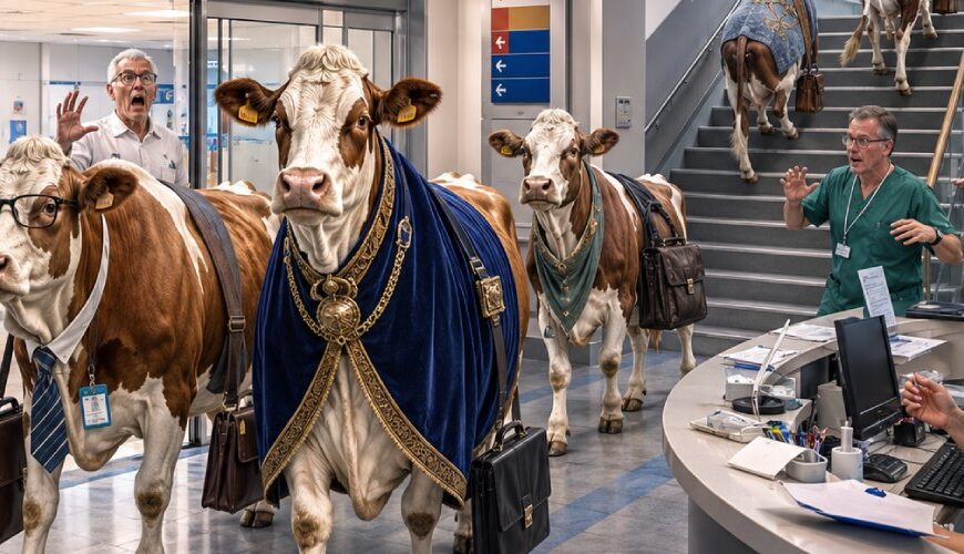 Satirische Krankenhausszene mit sechs Kühen, die wie neue Fachkräfte durch eine Notaufnahme marschieren und über das Treppenhaus weiterziehen, während Ärzte und Pflegepersonal fassungslos reagieren.