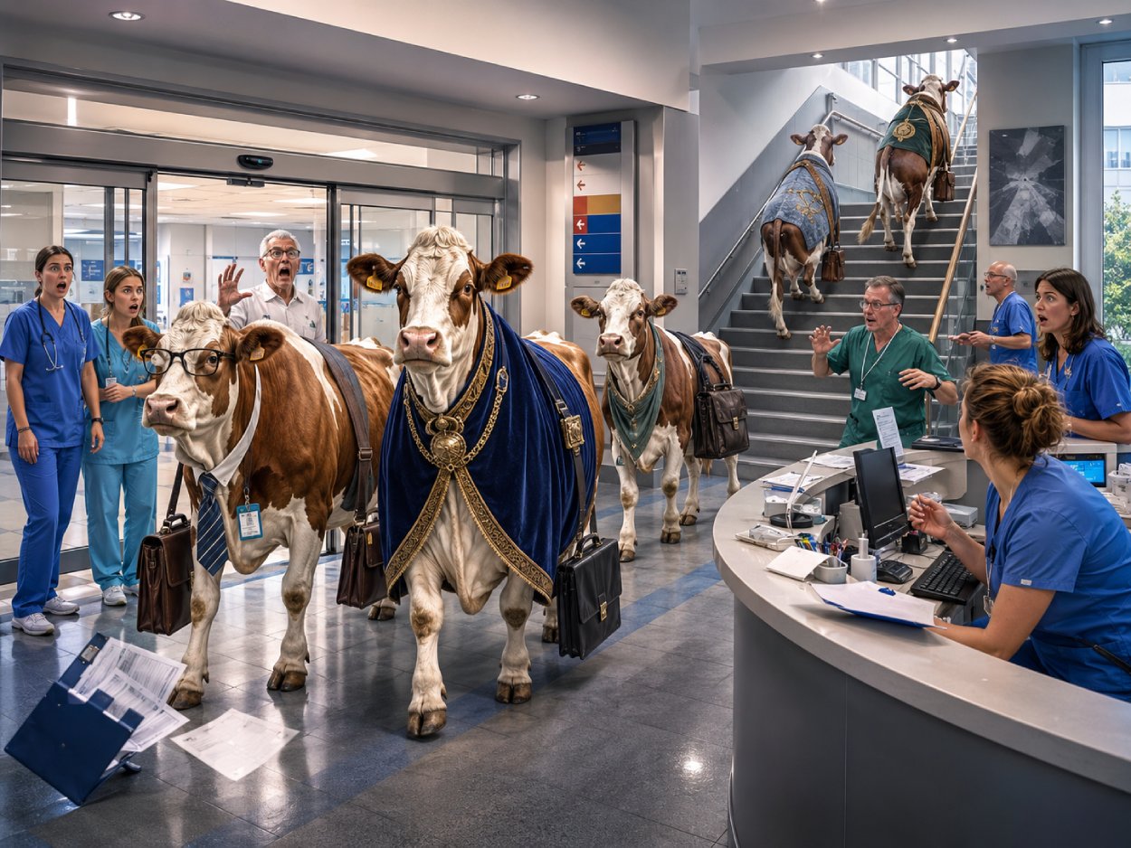 Satirische Krankenhausszene mit sechs Kühen, die wie neue Fachkräfte durch eine Notaufnahme marschieren und über das Treppenhaus weiterziehen, während Ärzte und Pflegepersonal fassungslos reagieren.