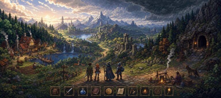 Eine große Pixel-Art-Fantasywelt mit Dorf, Wald, Dungeon-Eingang, reisender Heldengruppe und wechselndem Wetter.