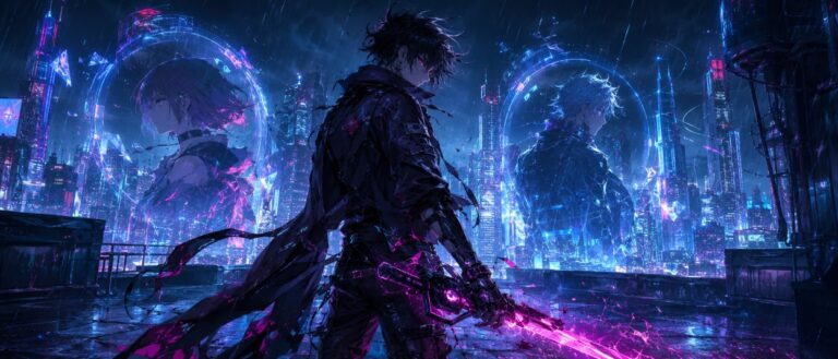 Eine Anime-Kämpferin steht in einer neonbeleuchteten Cyberpunk-Stadt, während digitale Portale, Action-RPG-Effekte und melancholisches Licht die Szene prägen.