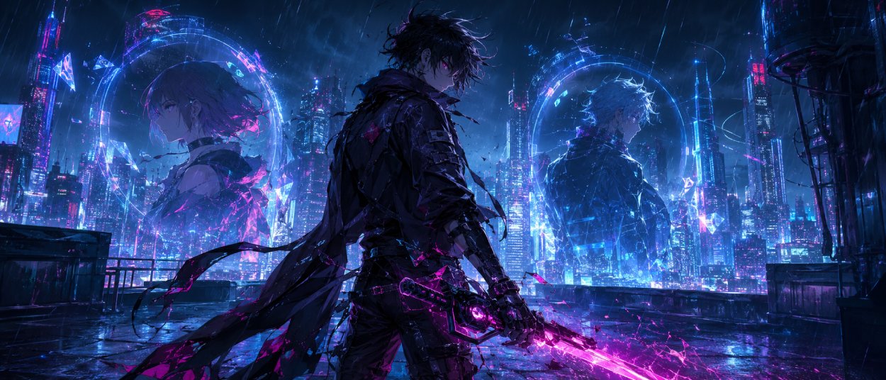 Eine Anime-Kämpferin steht in einer neonbeleuchteten Cyberpunk-Stadt, während digitale Portale, Action-RPG-Effekte und melancholisches Licht die Szene prägen.