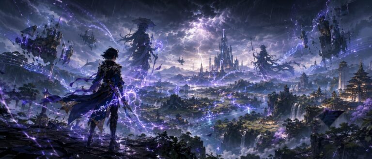 Ein Anime-Held steht vor einer stürmischen Fantasylandschaft mit schwebenden Ruinen, leuchtenden Wellen und elektrischen Energien.