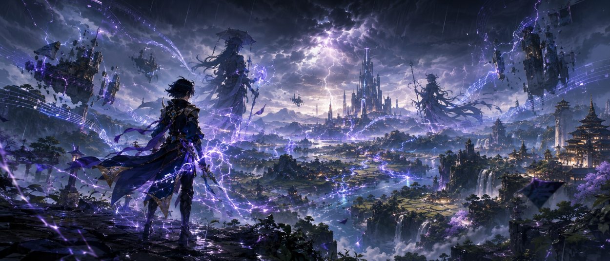 Ein Anime-Held steht vor einer stürmischen Fantasylandschaft mit schwebenden Ruinen, leuchtenden Wellen und elektrischen Energien.
