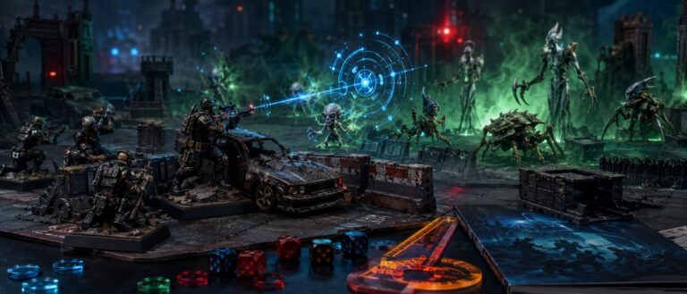 Ein taktisches Sci-Fi-Miniaturenspiel zeigt XCOM-Soldaten in Deckung, während außerirdische Figuren zwischen Geländestücken vorrücken.