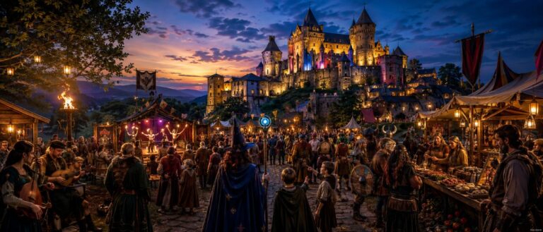 Eine mittelalterliche Burg in der Eifel leuchtet im Abendlicht, während Fantasy-Figuren, Gaukler, Wikinger und Marktstände das Burggelände füllen.