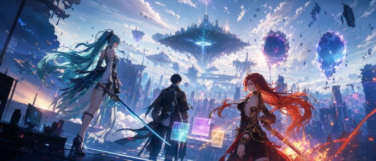 Eine futuristische Urban-Fantasy-Stadt schwebt über den Wolken, während Agents vor Neonlicht, Anomalien und einer Himmelsinsel kämpfen.