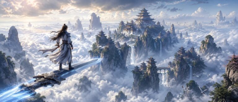 Eine Figur fliegt auf einem Schwert über ein dichtes Wolkenmeer, aus dem hohe Berggipfel und chinesisch geprägte Tempelbauten aufragen.