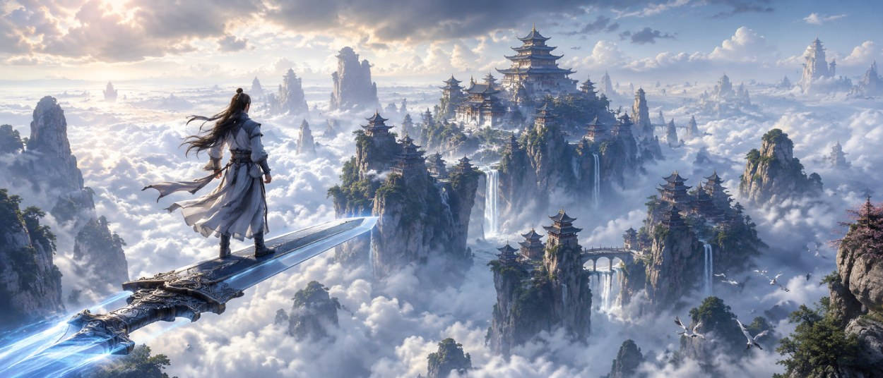 Eine Figur fliegt auf einem Schwert über ein dichtes Wolkenmeer, aus dem hohe Berggipfel und chinesisch geprägte Tempelbauten aufragen.