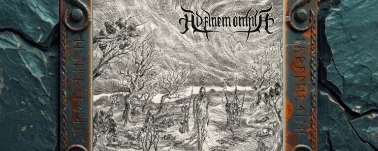 Albumcover von Ad Finem Omnia – Senectus Viae: Schwarzweiß gezeichnete, karge Landschaft auf vergilbtem Papier. Eine einsame Gestalt geht durch eine tote Ebene mit kahlen Bäumen, Schädeln, liegenden Körpern und aufgehängten Figuren. Der Himmel ist von windartigen Linien durchzogen, oben rechts steht das Bandlogo.