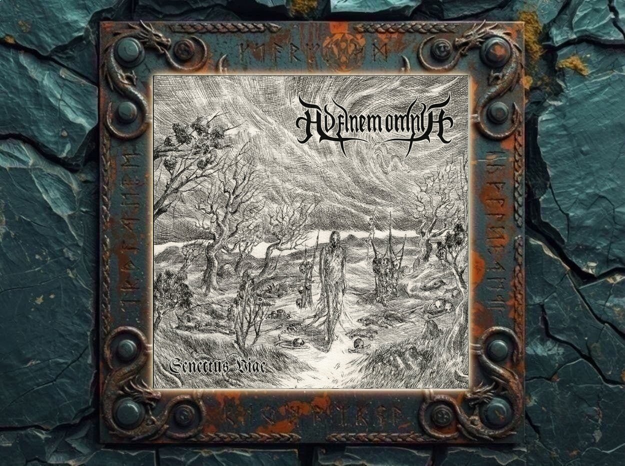 Albumcover von Ad Finem Omnia – Senectus Viae: Schwarzweiß gezeichnete, karge Landschaft auf vergilbtem Papier. Eine einsame Gestalt geht durch eine tote Ebene mit kahlen Bäumen, Schädeln, liegenden Körpern und aufgehängten Figuren. Der Himmel ist von windartigen Linien durchzogen, oben rechts steht das Bandlogo.