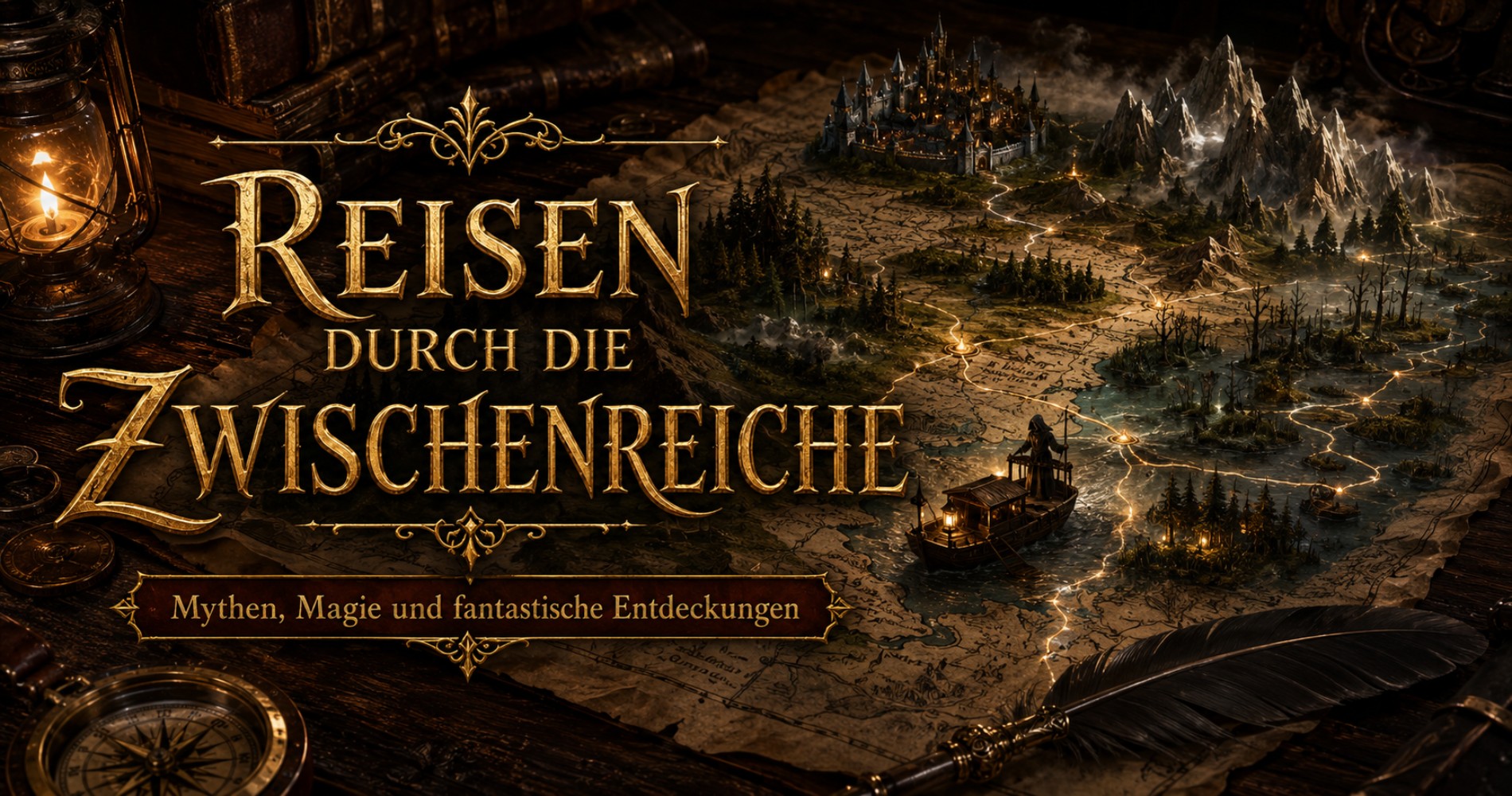 Der banner für die Kategorie Reisen durch die Zwischenreiche mit einem antiken Kartenausschnitt. 