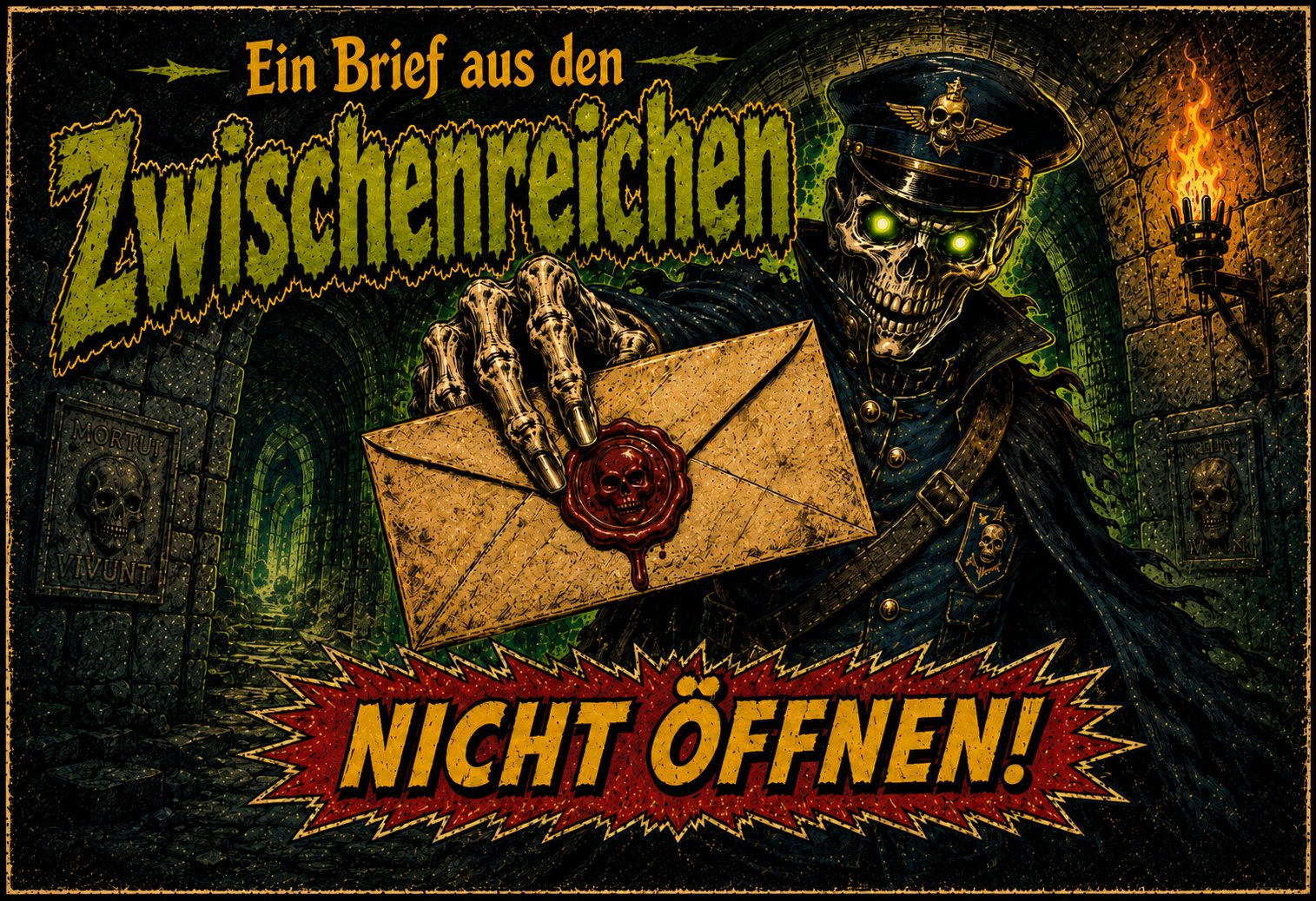 Banner für die Rubrik Briefe aus den Zwischenreichen mit Postboten als Skelett