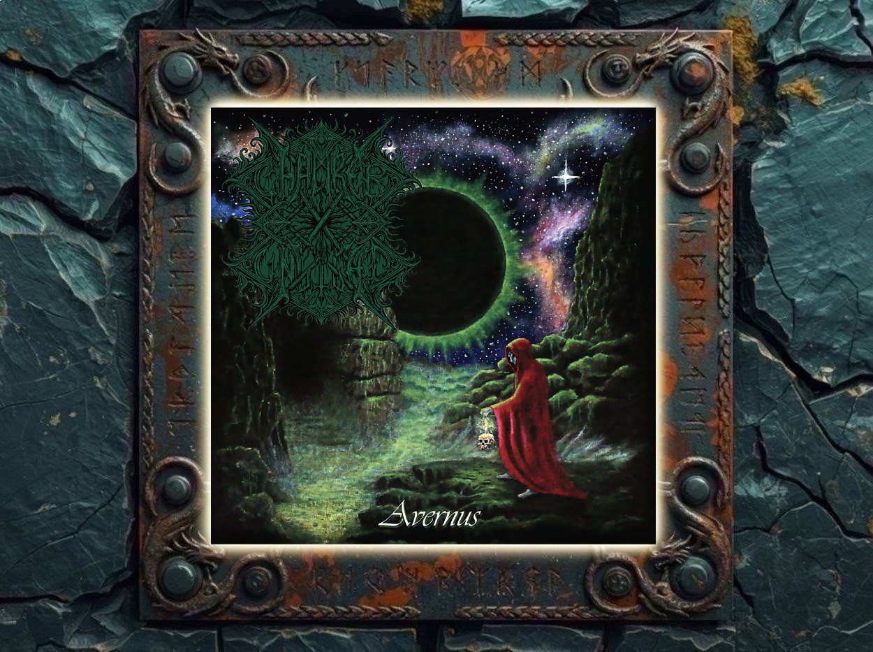 Albumcover von Chamber Of Unlight – Avernus: Eine rot verhüllte Gestalt schreitet mit einem Schädel in der Hand durch eine grünlich leuchtende Felslandschaft. Über ihr verdunkelt ein großer schwarzer Himmelskörper einen sternreichen Himmel mit violetten und grünen Nebeln. Links stehen Ruinen, rechts erhebt sich eine dunkle Felswand.