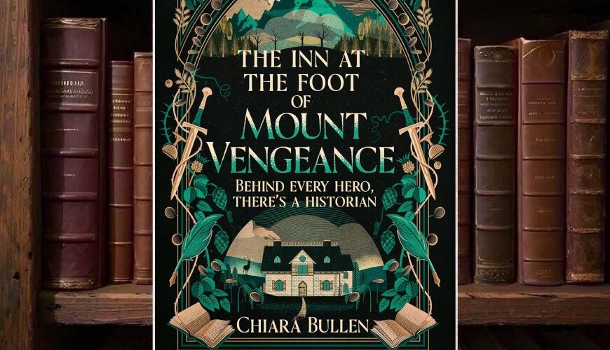 Cover von Chiara Bullens The Inn at the Foot of Mount Vengeance mit dunklem Fantasy-Design, ornamentaler Rahmung, Berglandschaft, Gasthaus, Drachenköpfen, Schwertern, Pflanzenmotiven und heller Titelschrift.