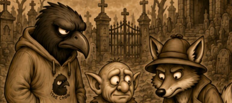 Zweiteiliger sepiafarbener Crowbah-Comic: Crowbah und Grabhold treffen auf einem Friedhof den Ermittler Meister Sherfox, der mit Hut, Mantel und Lupe.