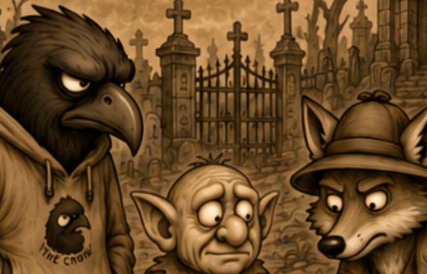 Zweiteiliger sepiafarbener Crowbah-Comic: Crowbah und Grabhold treffen auf einem Friedhof den Ermittler Meister Sherfox, der mit Hut, Mantel und Lupe.
