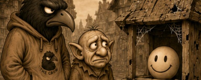 Crowbah und Grabhold stehen vor dem heruntergekommenen Stand des Smiley-Orakels.