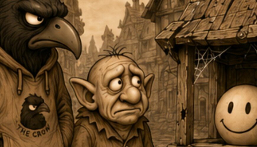 Crowbah und Grabhold stehen vor dem heruntergekommenen Stand des Smiley-Orakels.