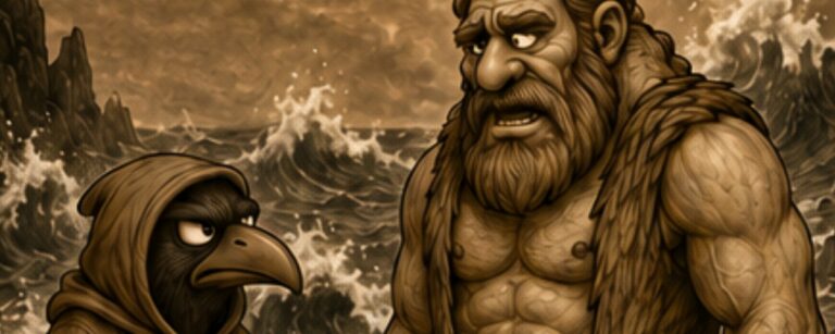 Zweiteiliger sepiafarbener Crowbah-Comic: Crowbah steht mit Hammersbald an einem stürmischen Felsenufer.