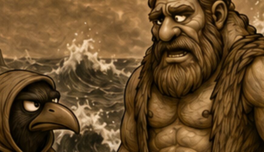 Zweiteiliger sepiafarbener Crowbah-Comic: Crowbah steht mit Hammersbald an einem stürmischen Felsenufer.