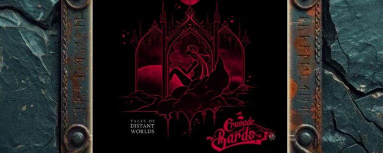 Albumcover von Crusade Of Bards – Tales Of Distant Worlds: Auf schwarzem Hintergrund sitzt eine rot gezeichnete Frau zwischen Wolken in einer filigranen gotischen Palastarchitektur. Über den Spitzbögen steht eine Mondsichel. Links unten befindet sich der Albumtitel, rechts unten das Bandlogo.