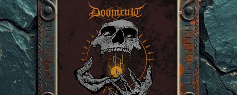 Albumcover von Doomcult – Sacrifice All Life: Auf dunkelrotbraunem Hintergrund schwebt ein großer grauer Schädel über einer knöchernen, gekrümmten Hand. Aus dem geöffneten Mund des Schädels fällt ein goldenes Symbol vor einem Strahlenkreis. Oben steht das Bandlogo, unten der Albumtitel.