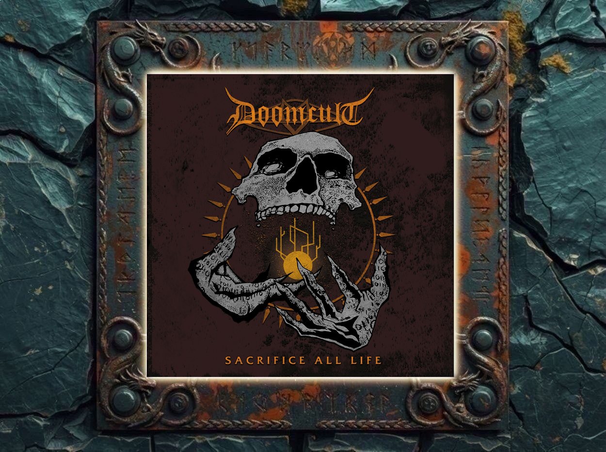 Albumcover von Doomcult – Sacrifice All Life: Auf dunkelrotbraunem Hintergrund schwebt ein großer grauer Schädel über einer knöchernen, gekrümmten Hand. Aus dem geöffneten Mund des Schädels fällt ein goldenes Symbol vor einem Strahlenkreis. Oben steht das Bandlogo, unten der Albumtitel.