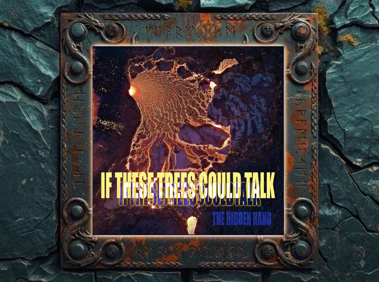 Albumcover von If These Trees Could Talk – The Hidden Hand: Luftbildartige Ansicht dunkler Fels- und Lavaflächen mit glühenden orangefarbenen Bruchlinien. Darüber liegt eine große gelbe Typografie mit dem Bandnamen, unten rechts steht der Albumtitel in blauer Schrift.