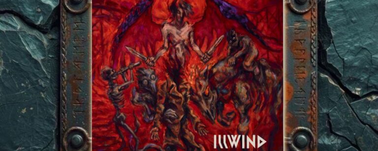 Albumcover von Illwind – The Unfolding at the End of Light: Ausdrucksstarkes, rot glühendes Doom-Artwork mit einer geflügelten Zentralfigur, die zwei Messer hält, umgeben von grotesken dunklen Wesen und flammender, visionärer Höllenatmosphäre. Unten rechts steht der Bandname.