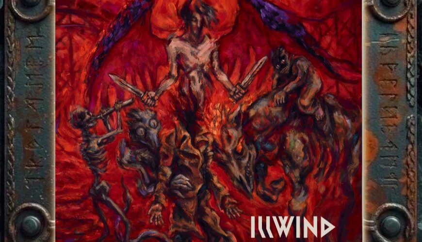 Albumcover von Illwind – The Unfolding at the End of Light: Ausdrucksstarkes, rot glühendes Doom-Artwork mit einer geflügelten Zentralfigur, die zwei Messer hält, umgeben von grotesken dunklen Wesen und flammender, visionärer Höllenatmosphäre. Unten rechts steht der Bandname.