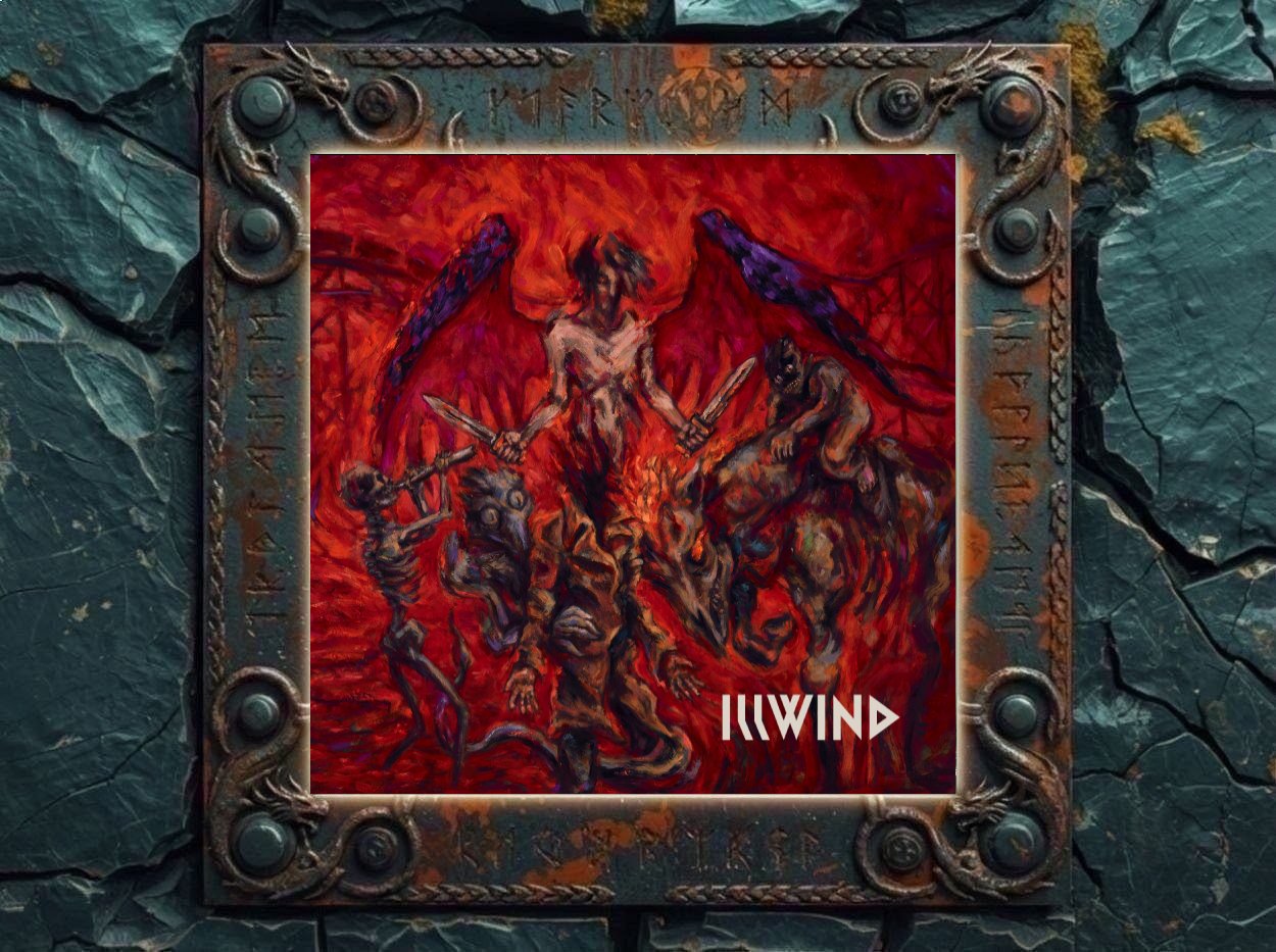Albumcover von Illwind – The Unfolding at the End of Light: Ausdrucksstarkes, rot glühendes Doom-Artwork mit einer geflügelten Zentralfigur, die zwei Messer hält, umgeben von grotesken dunklen Wesen und flammender, visionärer Höllenatmosphäre. Unten rechts steht der Bandname.